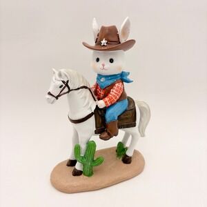 Cowboy Bunny Easter Rabbit Riding Horse Figurine Western Decor Cactus Accent